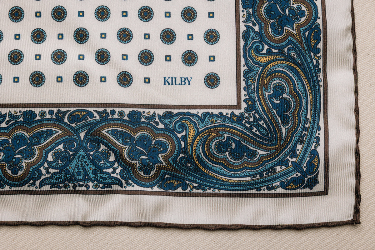 Pocket Square - White with Blue & Brown Paisley Border