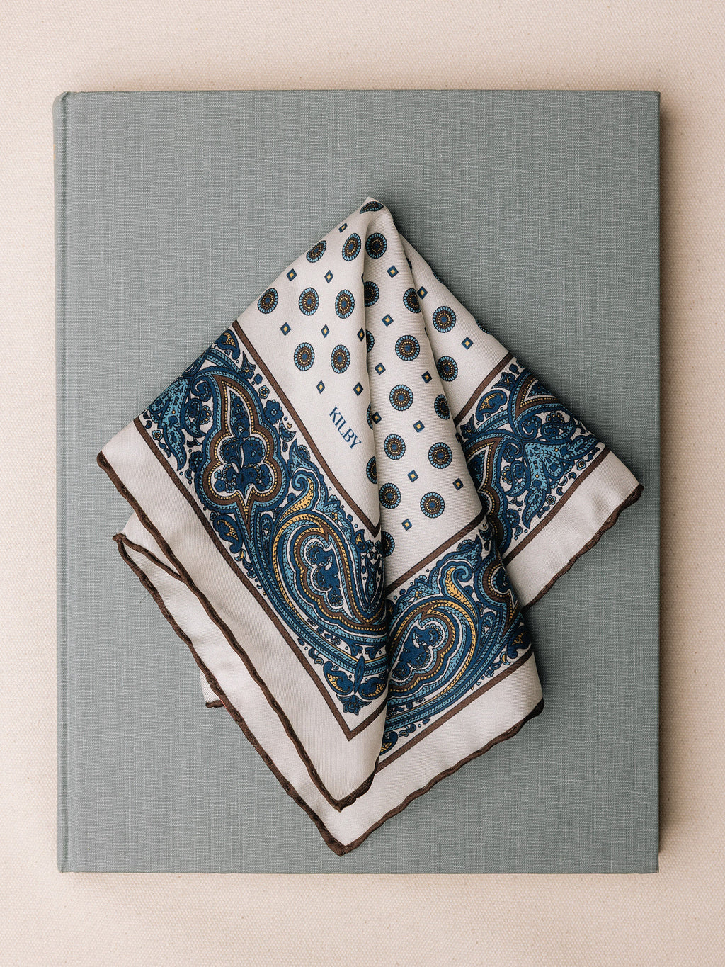 Pocket Square - White with Blue & Brown Paisley Border
