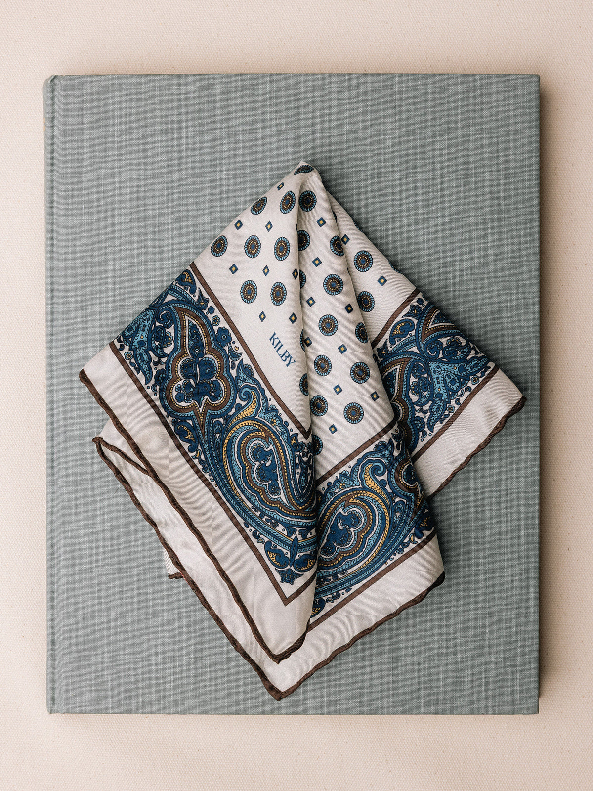 Pocket Square - White with Blue & Brown Paisley Border